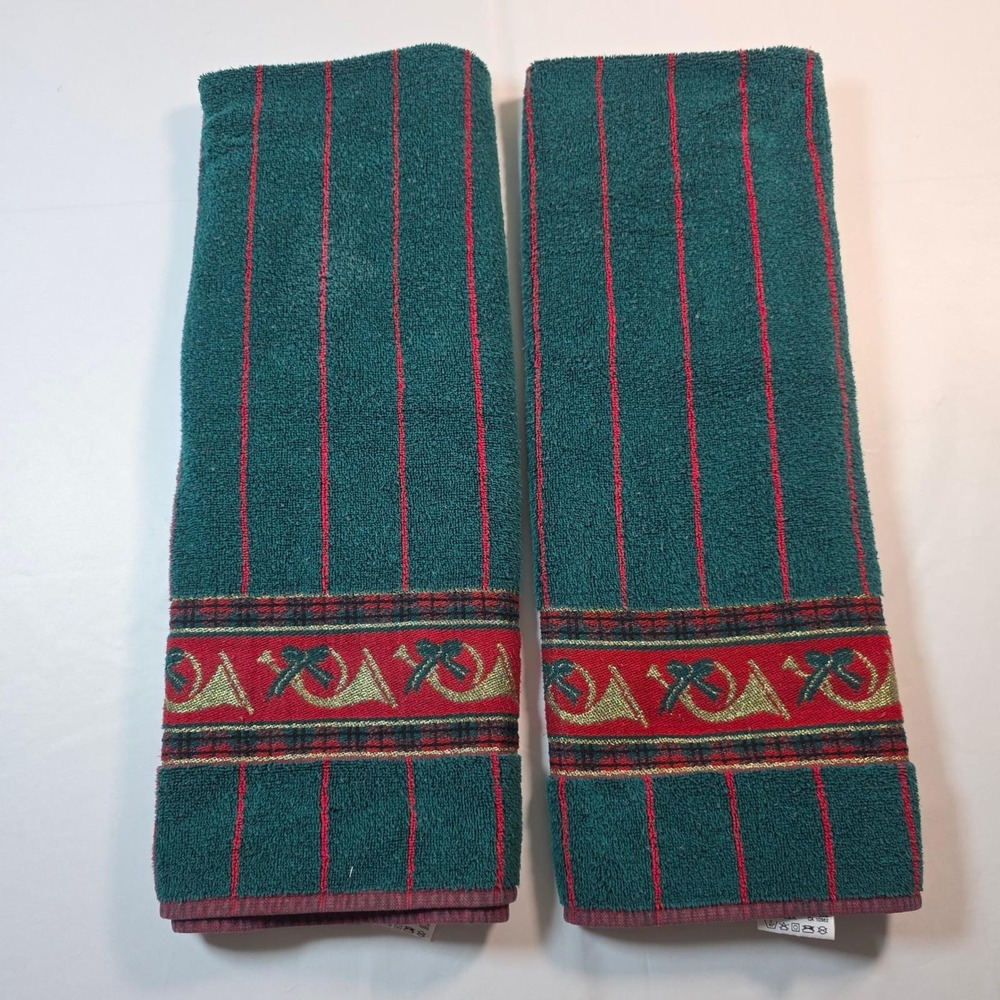 Vintage Fieldcrest Christmas Bath Towels Set 2 Green Red Gold French Horn Bows